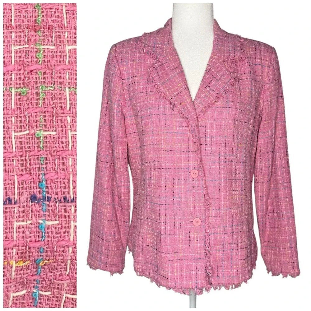 Anne‎ Carson Silk Tweed Blazer M Jacket Pink Frayed Hem Office Career Barbiecore